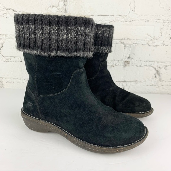 Ugg Kaylana Mid Calf Black Suede Knit Cuff Pull On Boots Shearling Lined 8 - Picture 1 of 11
